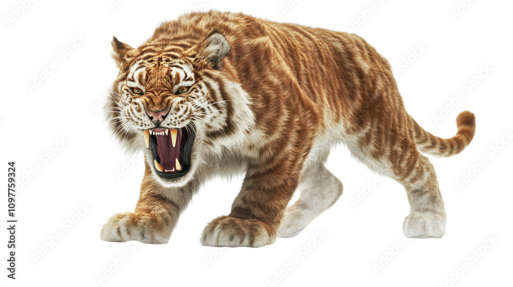 Fototapeta premium A snarling tiger beast with sharp fangs and dynamic fur textures, standing on a pristine, PNG format Background. Generative AI 