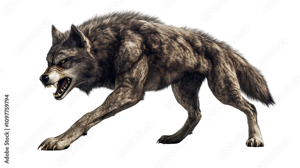 Fototapeta premium A wolf beast, intense attention to fur and musculature details, appearing powerful and mysterious on a sharp, PNG format Background. Generative AI 