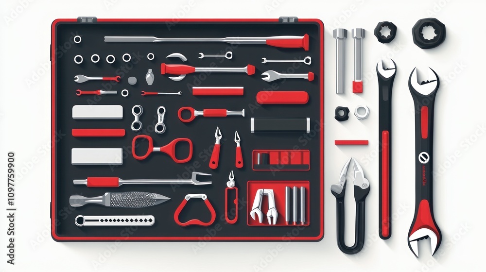 Red and Black Tool Kit Illustration: A Comprehensive Set of Workshop Tools Red and Black Tool Kit Illustration: A Comprehensive Set of Workshop Tools