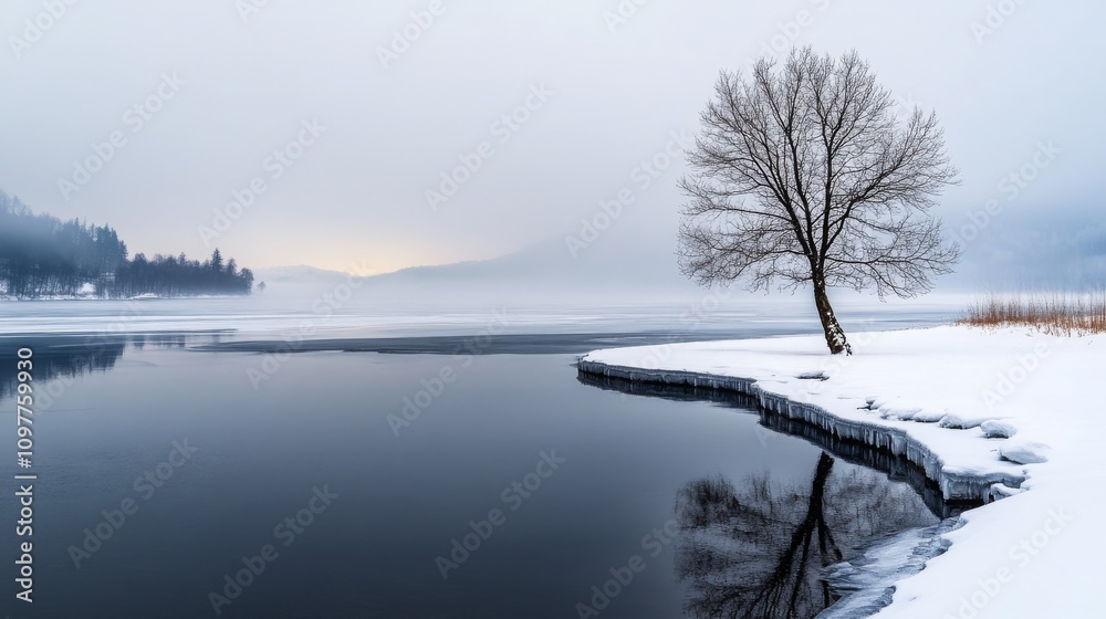 Serene Winter Lake Solitary Tree Frozen Shore Misty Landscape Serene Winter Lake Solitary Tree Frozen Shore Misty Landscape