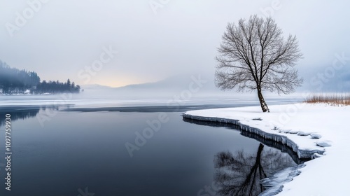 Serene Winter Lake Solitary Tree Frozen Shore Misty Landscape