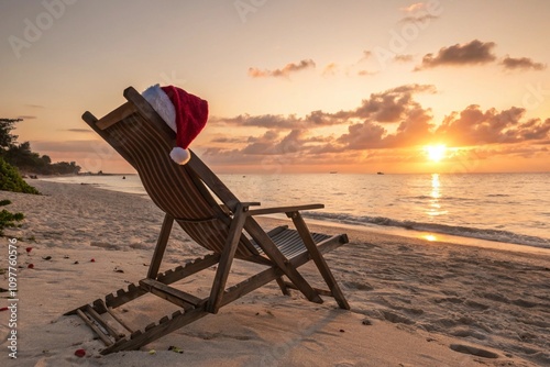 Deckchair with christmas santa hat at ocean beach during sunset photo