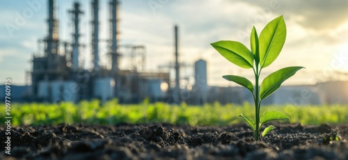 A green plant in front of an industrial oil and gas production facility with smokestacks