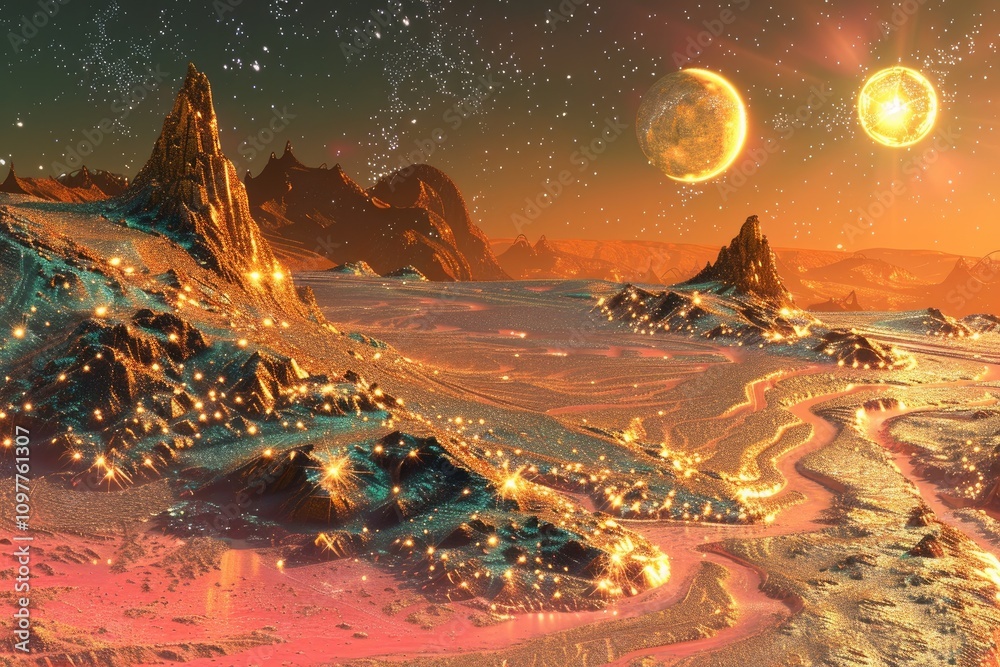 Fototapeta premium A Glittering, Golden Alien Landscape with Two Moons and a Starry Sky