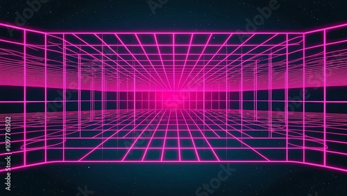 Synthwave grid. 80s pink neon. Retro futuristic background. Dark sky with stars. Empty vector template
