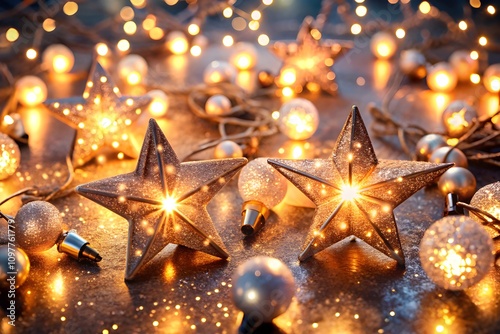 Festive glowing lights and stars for holiday decorations photo