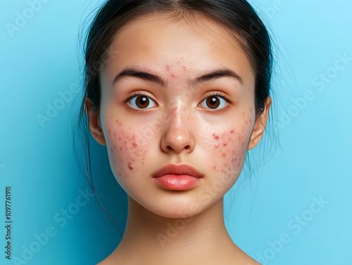 Skin affected by acne and scars, highlighting red, inflamed pimples and blemishes