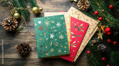 Eco-friendly plantable Christmas cards displayed on a wooden table during the holiday season, featuring holiday designs photo