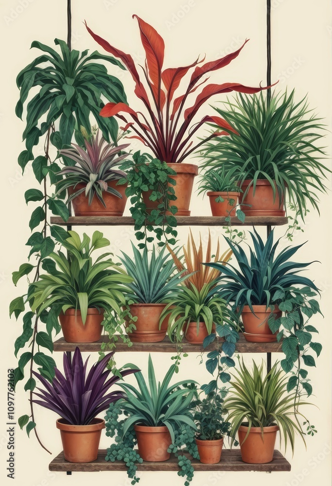 Fototapeta premium Vibrant Exotic Plant Shelf with Minimalistic Background for Calming Nature-Inspired Decor and Wall Art