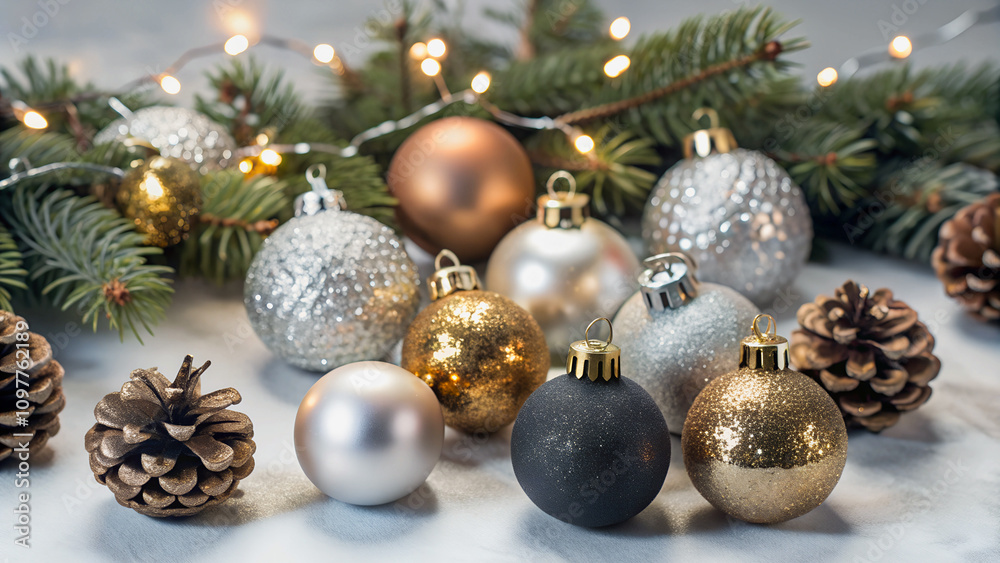  Festive Christmas balls, in shades of silver, gold, and bronze, sit amongst pine branches and pinecones, creating a warm and inviting scene.