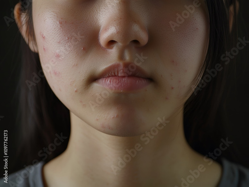 Skin affected by acne vulgaris, highlighting red, inflamed pimples and blemishes photo