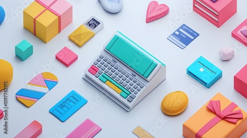 Colorful Desktop Arrangement with Retro Typewriter, Gifts, and Modern Gadgets for Creative Workspace Inspiration and Fun Office Decor Ideas