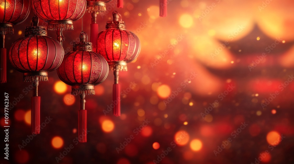 Red Chinese New Year background with lanterns on the edges and corners, blur chinese temple behind it. Copy space background Red Chinese New Year background with lanterns on the edges and corners, blur chinese temple behind it. Copy space background