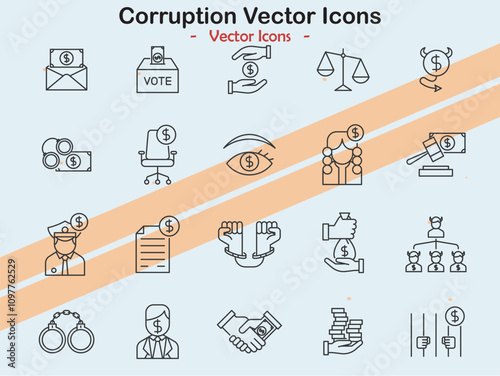 Icons depicting corruption and social issues in vector style