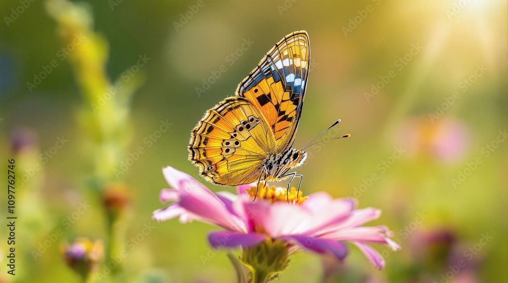 Painted Lady Butterfly on Zinnia Flower in Sunlight Painted Lady Butterfly on Zinnia Flower in Sunlight