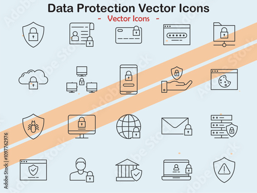 Icons representing data protection and security themes in vector style
