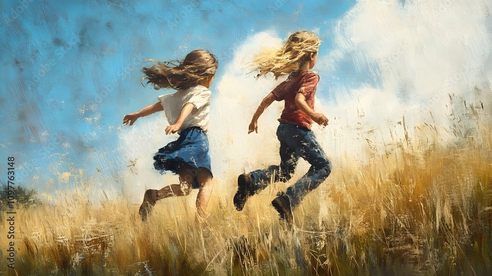 Two children joyfully run through a tall grass field under a bright summer sky. Two children joyfully run through a tall grass field under a bright summer sky.