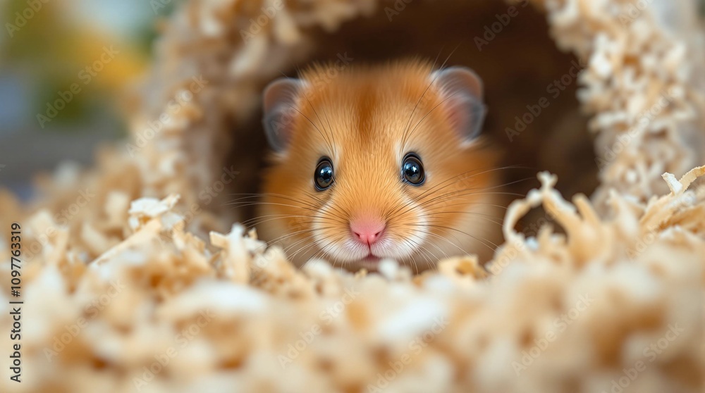 Cute Hamster Peeking from Bedding Nest Cute Hamster Peeking from Bedding Nest