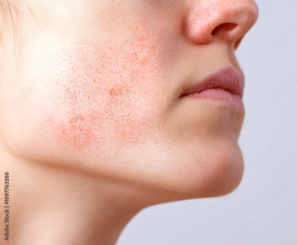 Obraz premium Acne scars, rash, dermatitis and wide pores at the facial skin of a European woman