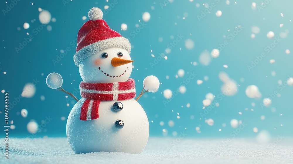 Fototapeta premium happy jolly snowman on blue background, AI Generated