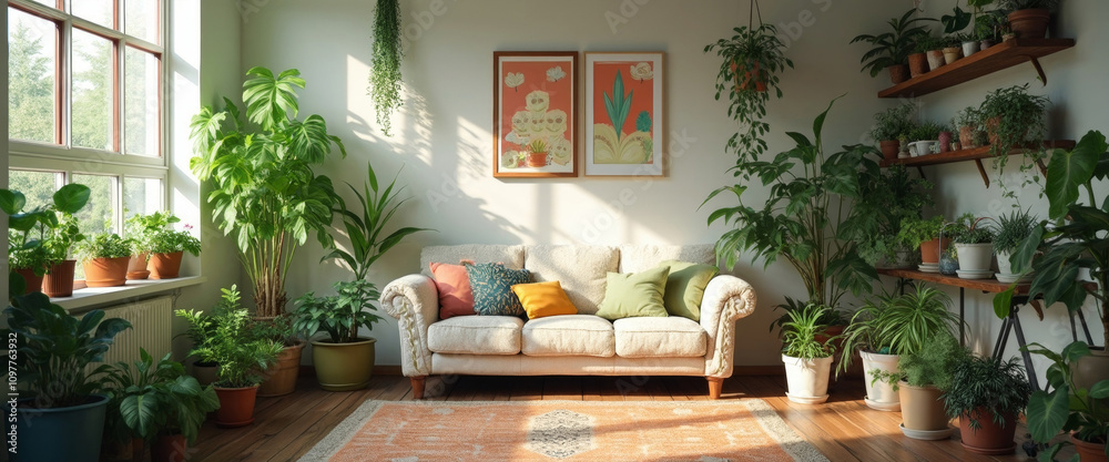 Indoor Garden Oasis with Hanging Plants, Potted Greenery, and Artwork for Home Decor and Relaxation Indoor Garden Oasis with Hanging Plants, Potted Greenery, and Artwork for Home Decor and Relaxation