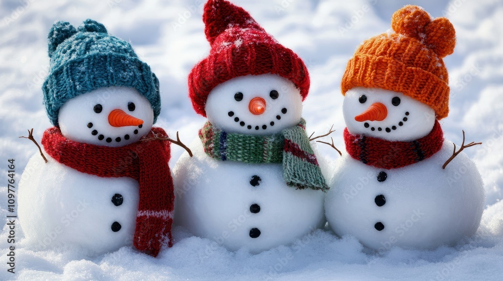 Little snowman in caps and scarfs on snow in the winter. Background with a funny snowman. Christmas card. Little snowman in caps and scarfs on snow in the winter. Background with a funny snowman. Christmas card.