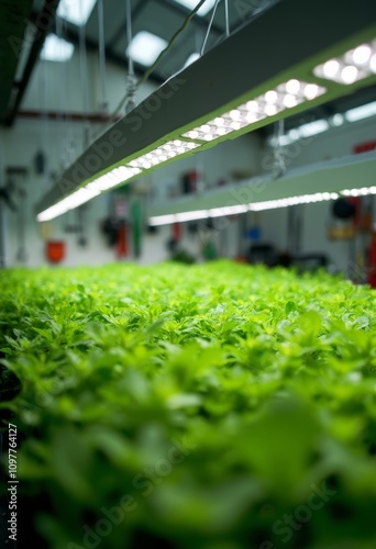 indoor greenhouse with vibrant green plants illuminated by fluorescent and LED grow lights, organized cultivation setup with gardening tools, copy space