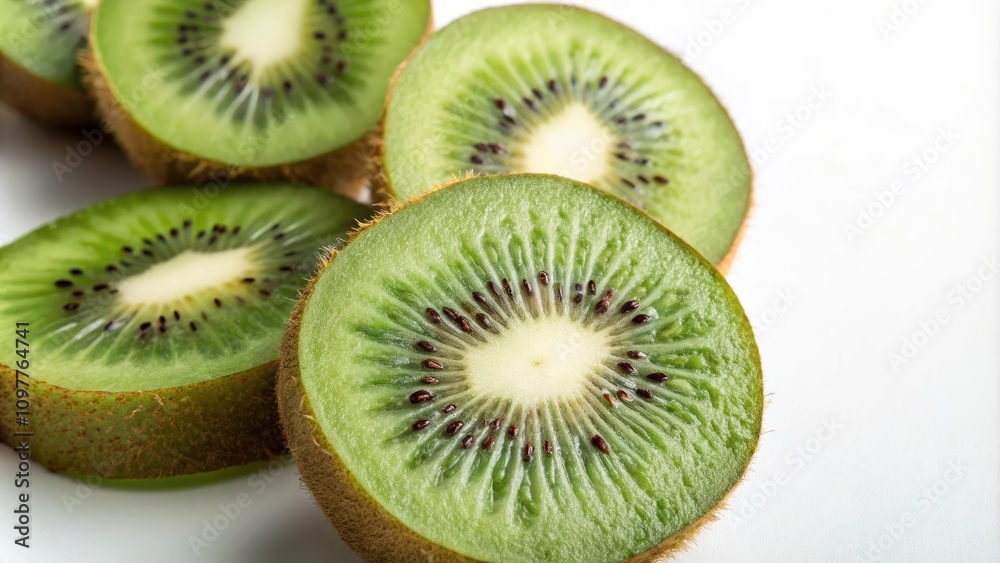 Aerial View of Juicy Kiwis on Bright White Background Showcasing Vibrant Green Flesh and Detailed Skin Texture Aerial View of Juicy Kiwis on Bright White Background Showcasing Vibrant Green Flesh and Detailed Skin Texture