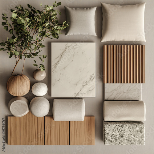 create a realistic japandi interior design mood board with wood, fabrics, marble tiles and plants with light colours  photo