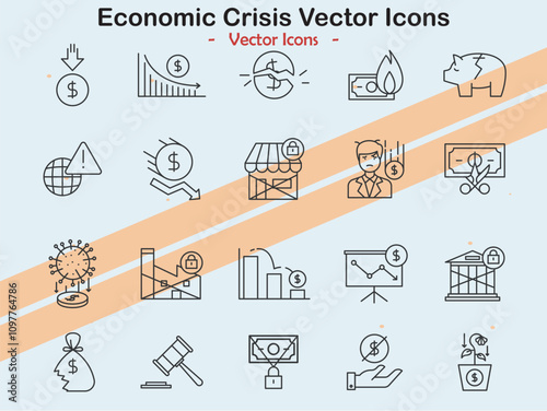 Icons representing economic crisis and financial downturn themes in vector style