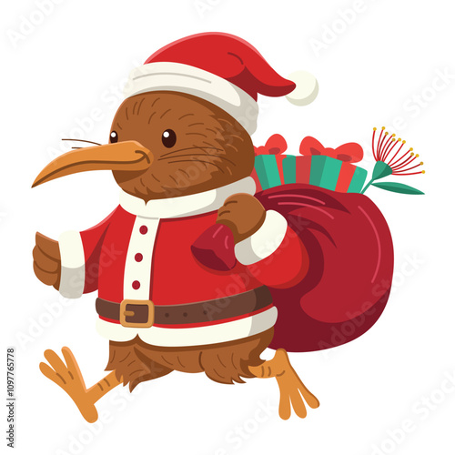 A cute cartoon Kiwi bird dressed as Santa Claus carrying a bage of gifts.