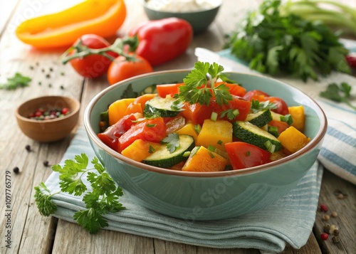 Colorful Assorted Stewed Vegetables with Bell Pepper, Zucchini, and Fresh Parsley - Healthy Cooking, Vegetarian Dish, Gourmet Food Photography, Farm-to-Table Ingredients, Vibrant Meal