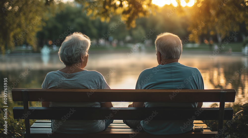 A minimalistic photo of an elderly couple sitting on a park bench, peacefully watching a lake during golden hour A minimalistic photo of an elderly couple sitting on a park bench, peacefully watching a lake during golden hour