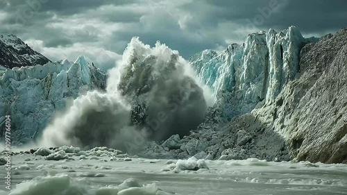 A dramatic glacier landscape with towering ice formations and a calving event, showcasing nature's power and the effects of climate change.