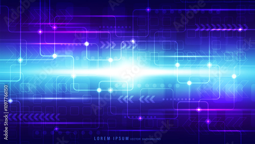 Abstract futuristic technology background with bright blue color, radiating light, glowing circuits, arrow patterns