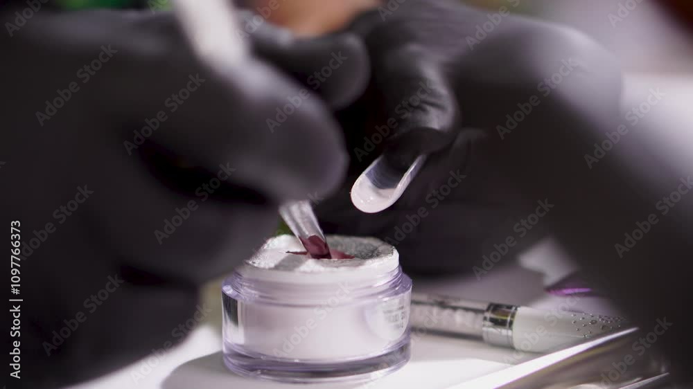The process of nail extensions in a beauty salon. Nail coating with gel polish and top. Concept of spa body care for women.
