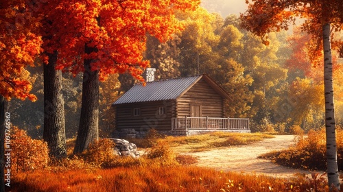 A cozy wooden cabin surrounded by vibrant autumn foliage in warm orange and yellow hues.