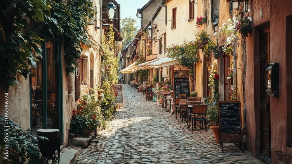 Fototapeta premium A historic European town with cobblestone streets and charming cafes. A traveler sips coffee while exploring quaint shops, surrounded by centuries-old architecture and beautiful scenery