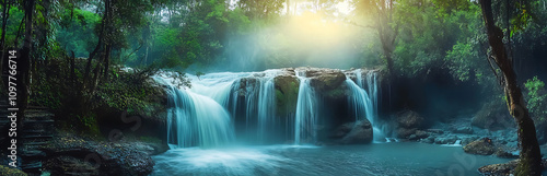  Panoramic beautiful deep forest waterfall in Thailand. created with Generative AI technology