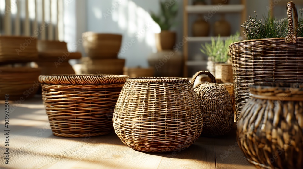 Various Wicker Baskets for Interior Decoration Stand on the Various Wicker Baskets for Interior Decoration Stand on the