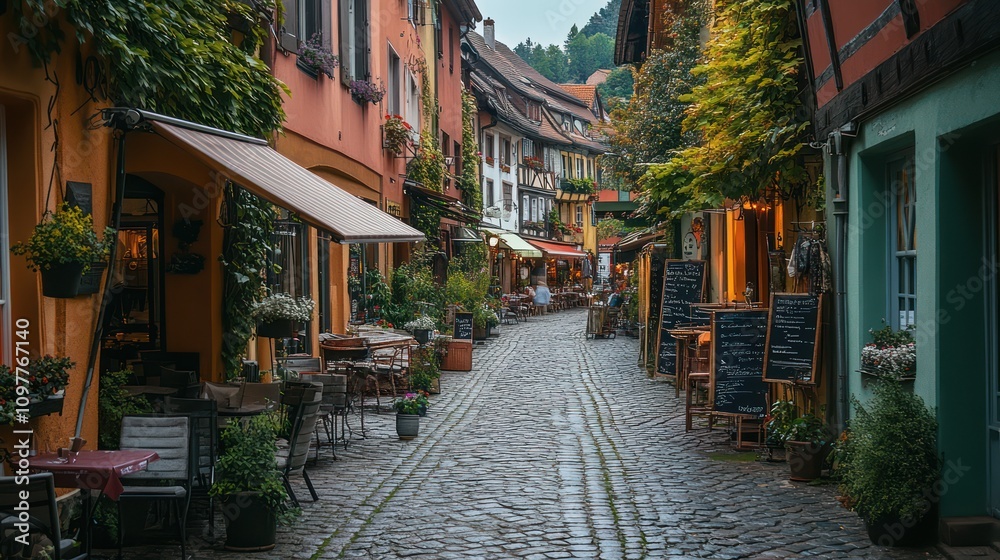 Fototapeta premium A historic European town with cobblestone streets and charming cafes. A traveler sips coffee while exploring quaint shops, surrounded by centuries-old architecture and beautiful scenery