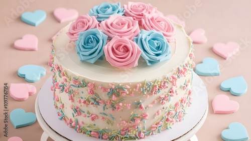 A cake decorated with pink and blue frosting and colorful sprinkles