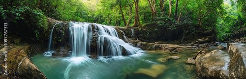  Panoramic beautiful deep forest waterfall in Thailand. created with Generative AI technology