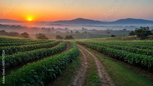 Wallpaper Mural Sunrise over rolling fields with winding dirt path and misty mountains in the background during early morning Torontodigital.ca