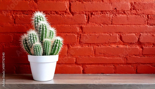 cowboy cactus in white pot isolated on red brick background table, modern interior design