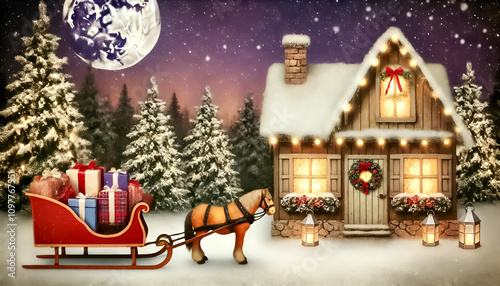 Enchanting Christmas Cottage Under a Full Moon - Festive Log Cabin with a Horse-Drawn Sleigh Filled with Gifts in a Snowy Forest photo