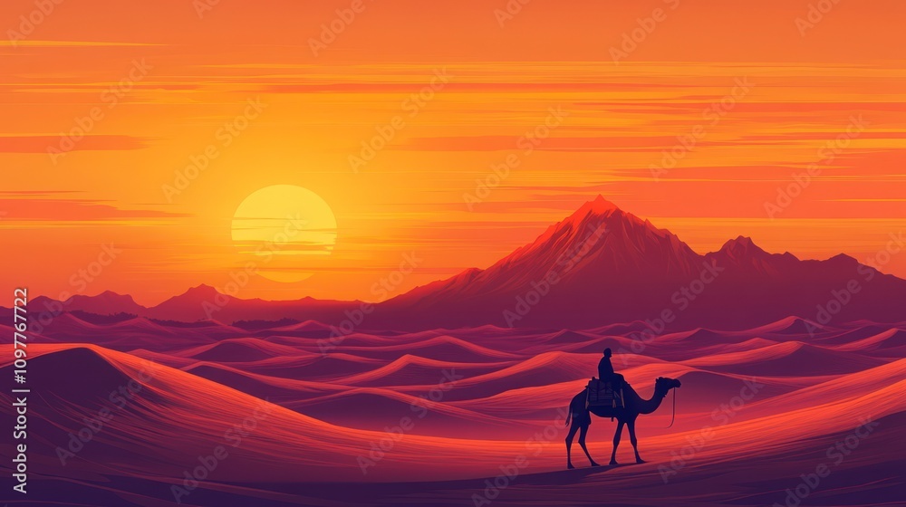 A peaceful desert landscape with rolling dunes under a golden sunset. A traveler rides a camel across the sands, witnessing the vast beauty of the arid land A peaceful desert landscape with rolling dunes under a golden sunset. A traveler rides a camel across the sands, witnessing the vast beauty of the arid land