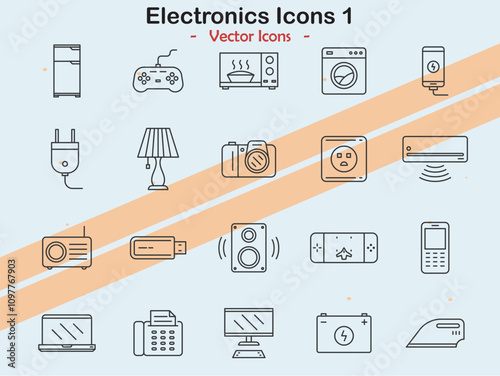 Icons representing various electronics and tech themes in vector style