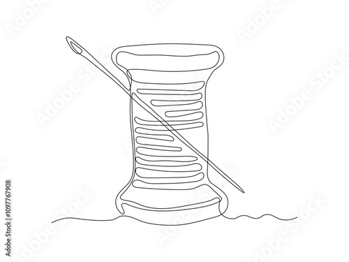 abstract spool of thread with needle, continuous single line art drawing sketch, logo