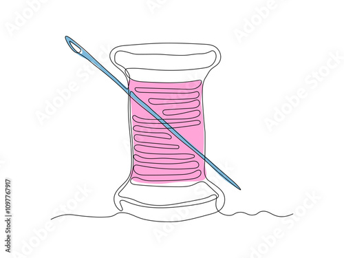 abstract spool of thread with needle, continuous single line art drawing sketch, logo